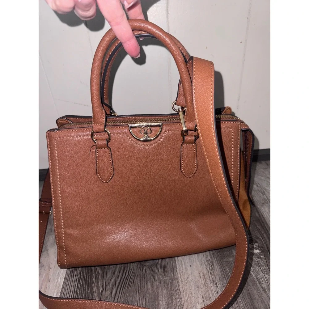 Nine West Cognac Brown Faux Leather Suede Trim Satchel Crossbody Handbag